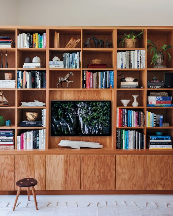 turning your entertainment wall into a bookcase can allow you to disguise your tv